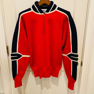 Vintage Meister Sweater Ski Acrylic Wool Blend Blue Navy Red 1/4 Zip Men MEDIUM